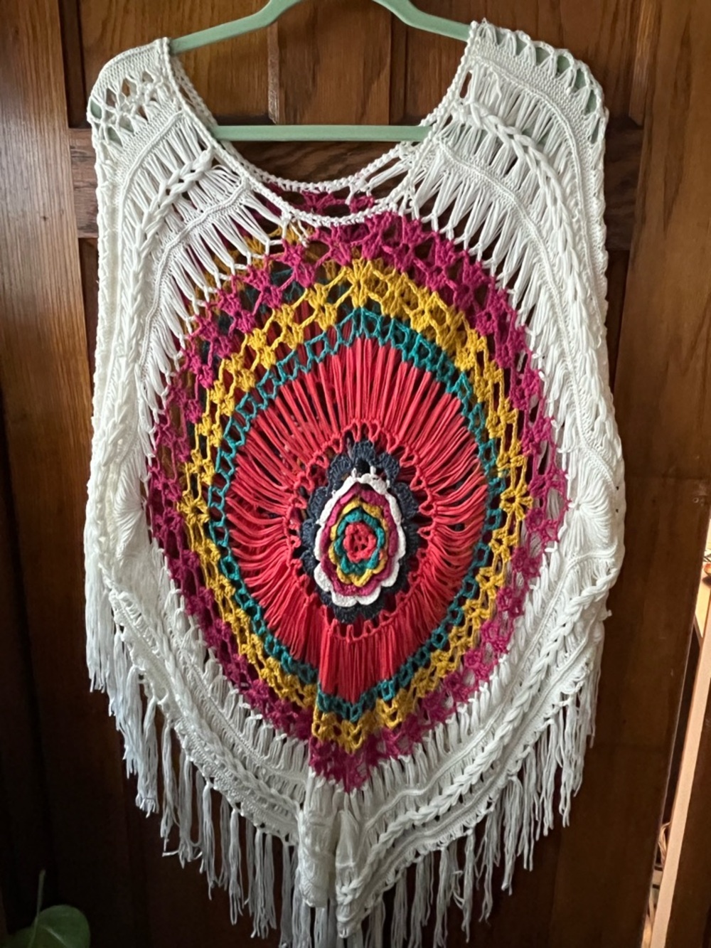 Crocheted Fringe Poncho Multicolor Medallion top